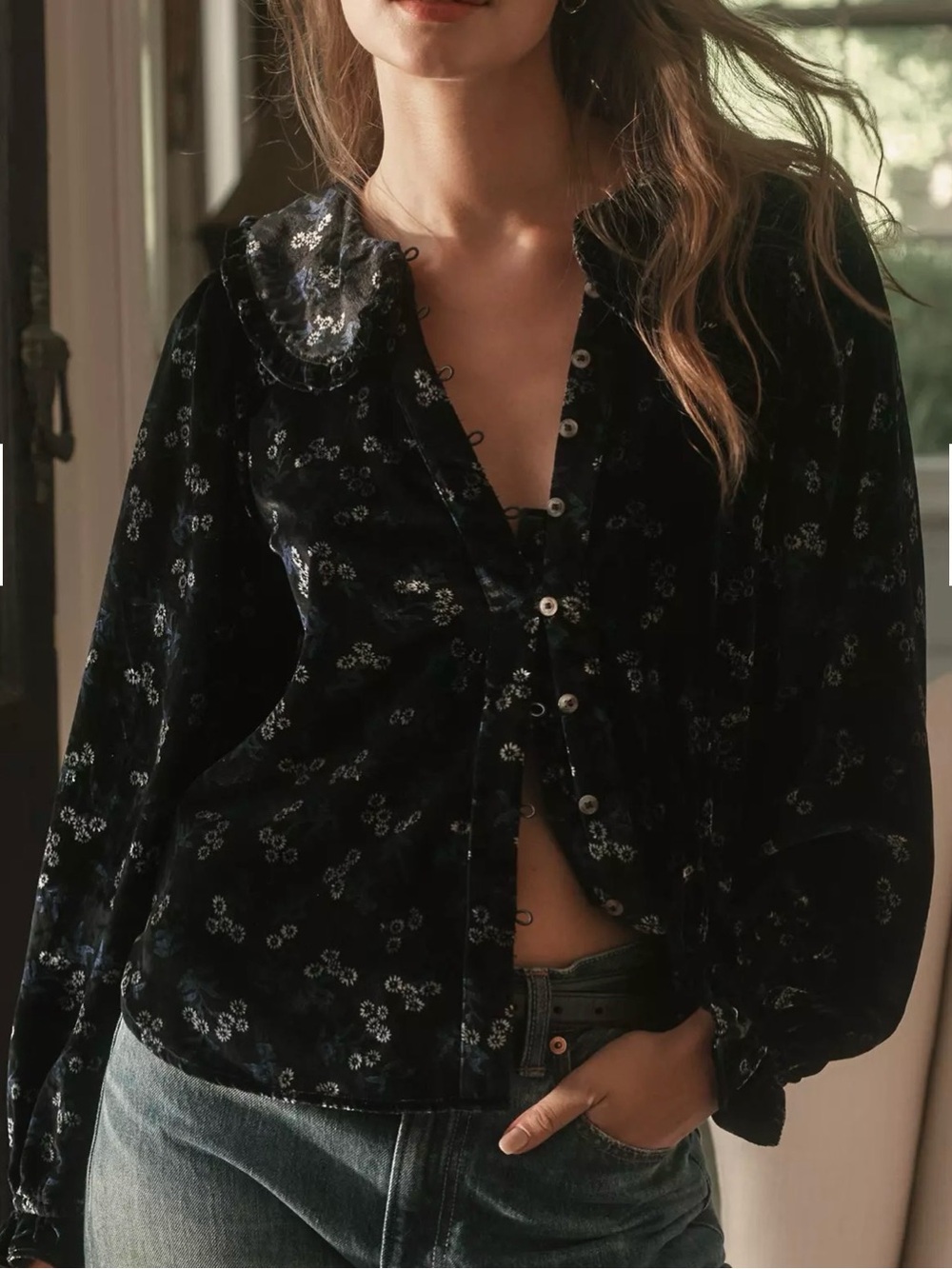 Anthro the Keira Collared Button Front Blouse Pilcro Long Sleeve Velvet M Floral